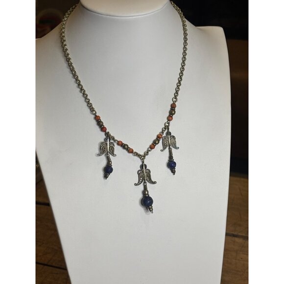 Vintage Angel Pendant Necklace With Lapis Beads & Brass Chain - Picture 16 of 16